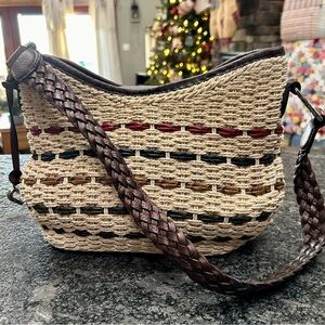 Vintage Brighton Woven Straw Purse with Colorful Accents and Leather Strap